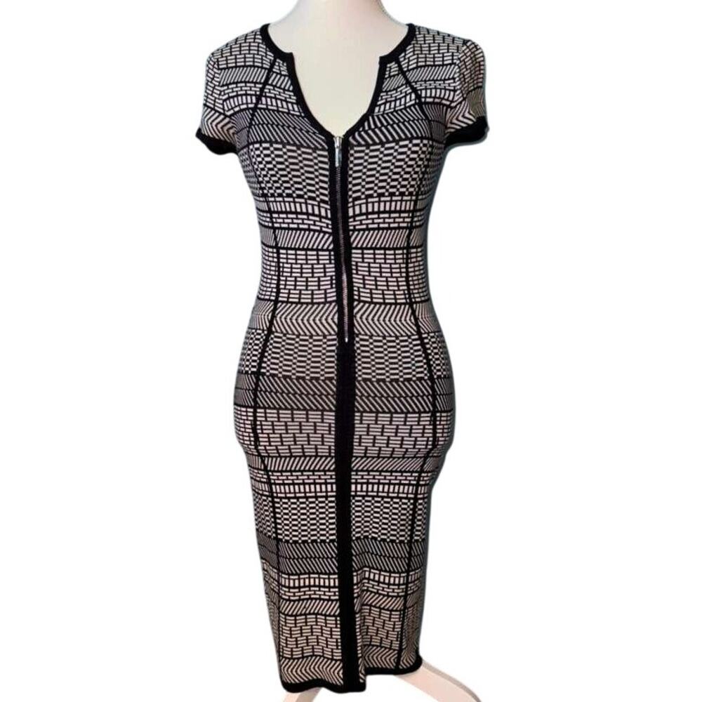 Caché Bodycon Sheath Dress Women's Black Stretchy Zipper Short Sleeve - XS